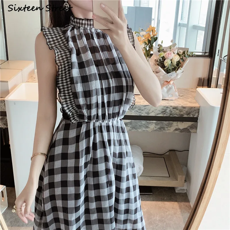 Vintage Fashion Runway - Robe longue à carreaux sans manches
