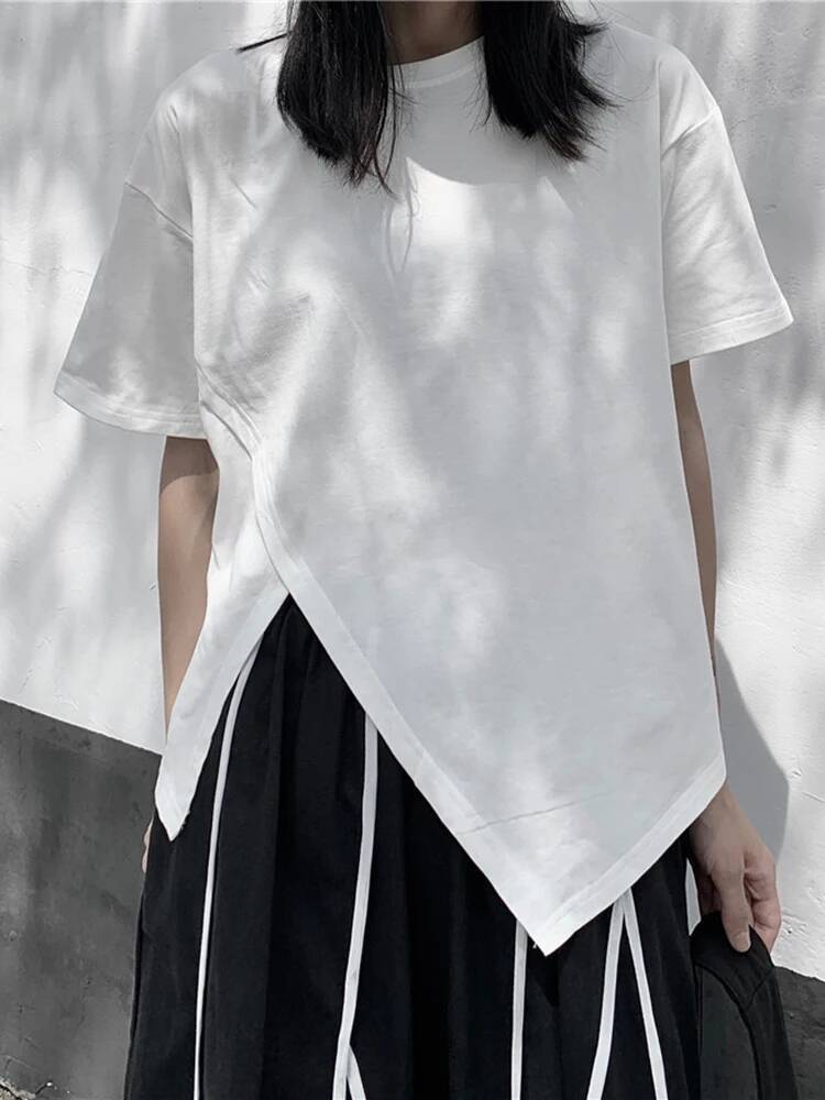 Vintage Fashion Build - T-shirt décontracté blanc à ourlet fendu