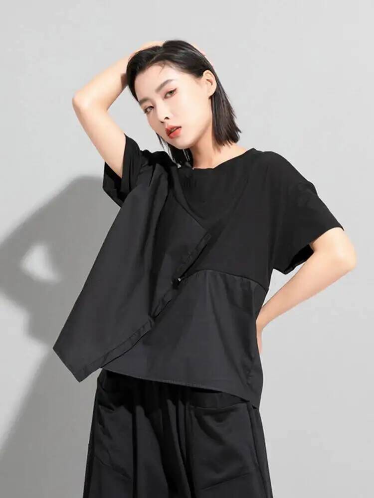 Vintage Fashion Build - T-shirt décontracté noir à cordon de